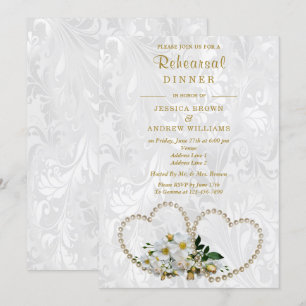 Invitation Coeurs perles et fleurs Dîner de répétition damas