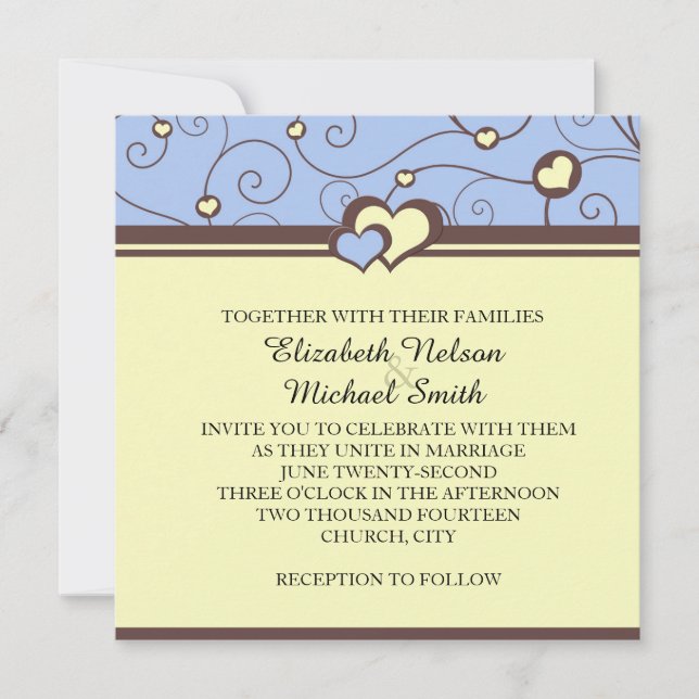 Invitation Coeurs romantiques tourbillons Mariage bleu Invite (Devant)