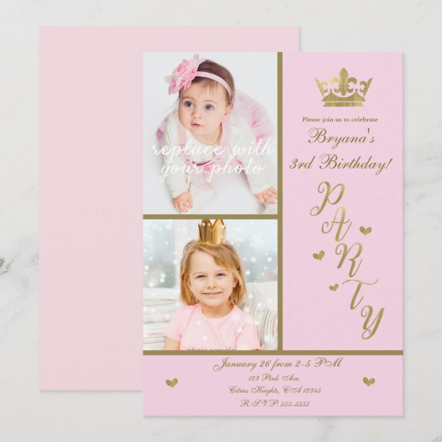 Invitation Coeurs rose et or Princess Crown 2 Photo Party (Devant / Derrière)
