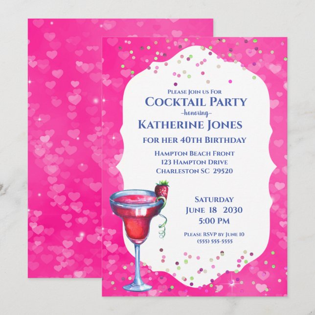 Invitation Coeurs roses Daiquiri Anniversaire Cocktail Party (Devant / Derrière)