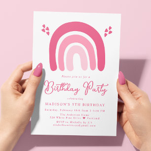 Invitation Coeurs roses et arcs-en-ciel fête d'anniversaire
