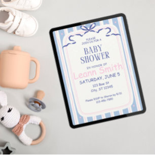 Invitation Coeurs roses et Baby shower Blue Bows