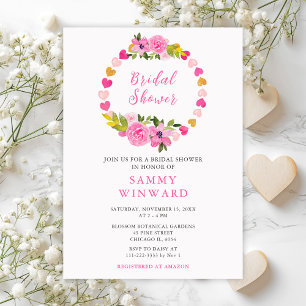 Invitation Cœurs roses et dorés pour la fête prénuptiale de l