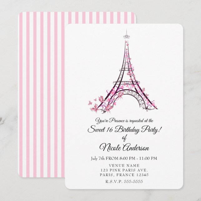 Invitation Cœurs roses et papillons Paris Tour Eiffel Fête (Devant / Derrière)