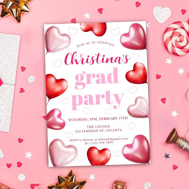 Invitation Coeurs roses mignonette Soirée de Graduation (Pink Cute Stylish Graduation Party Invitation)