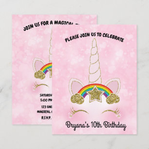 Invitation Coeurs roses Or arc-en-ciel étoile Unicorn Horn vi