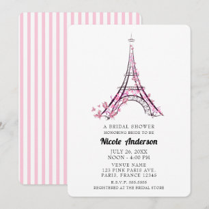 Invitation Cœurs roses papillons Paris Tour Eiffel Nuptial
