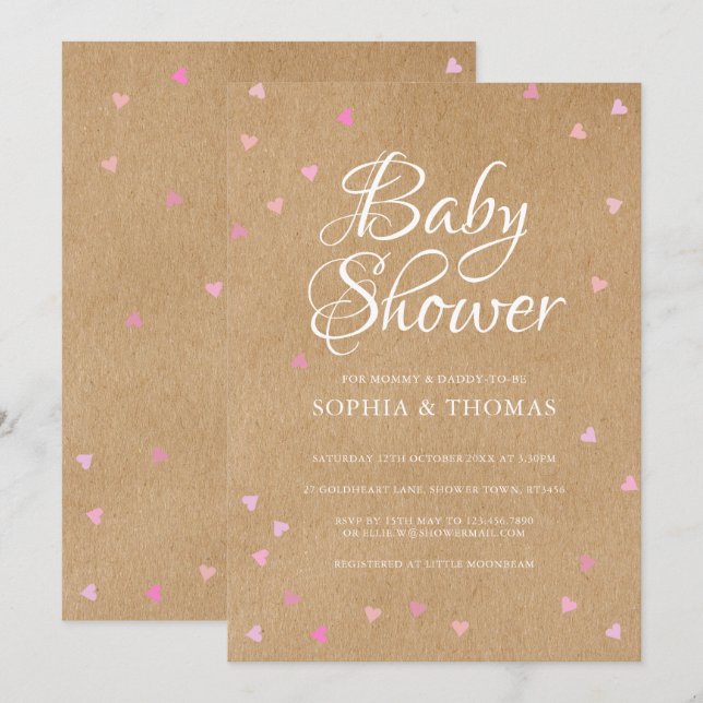 Invitation Coeurs roses rustiques Couples Baby Girl Douche (Devant / Derrière)