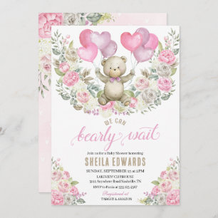 Invitation Coeurs roses Teddy Bear Balloons Baby shower