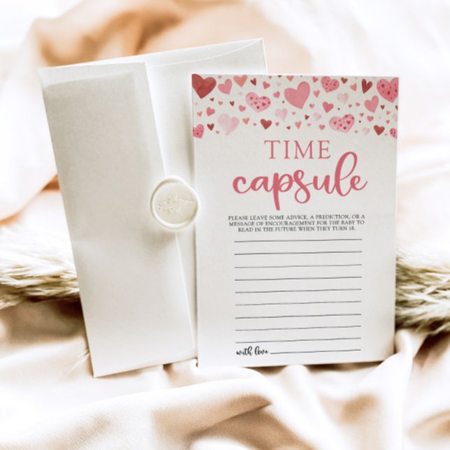 Invitation Coeurs roses Valentine Baby shower temps Capsule (Watercolor Cute Pink Red Hearts Valentine Sweetheart Baby Girl Time Capsule Card Baby Shower Game)