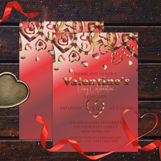 Invitation Coeurs rouge et or rayés de la Saint-Valentin (Créateur téléchargé)