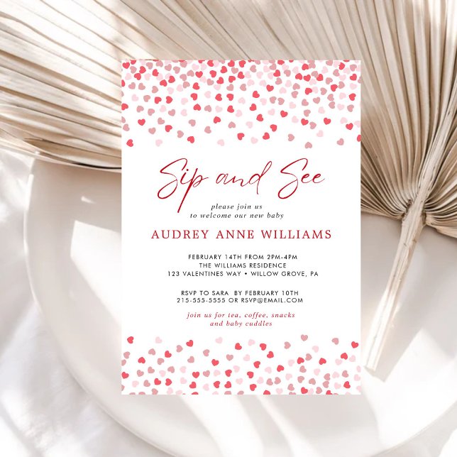 Invitation Coeurs rouges roses modernes Sip and See (Créateur téléchargé)