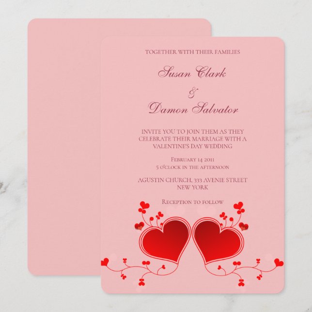 Invitation Coeurs rouges roses Saint Valentin (Devant / Derrière)