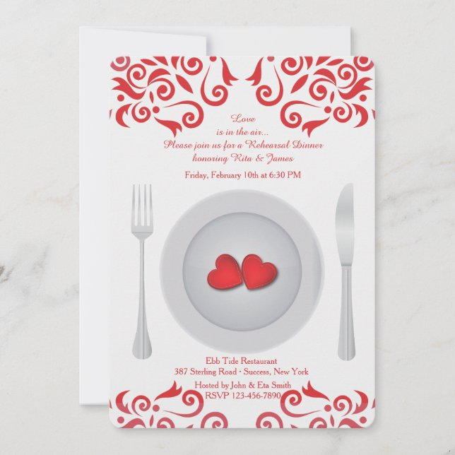 Invitation Coeurs sur une plaque de répétition dîner Invitati (Devant)