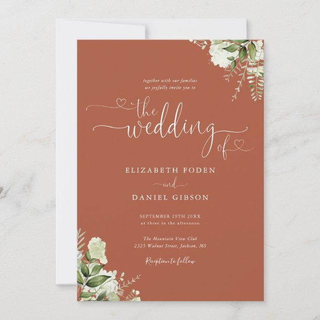 Invitation Coeurs vertes Script Mariage en terre cuite (Devant)