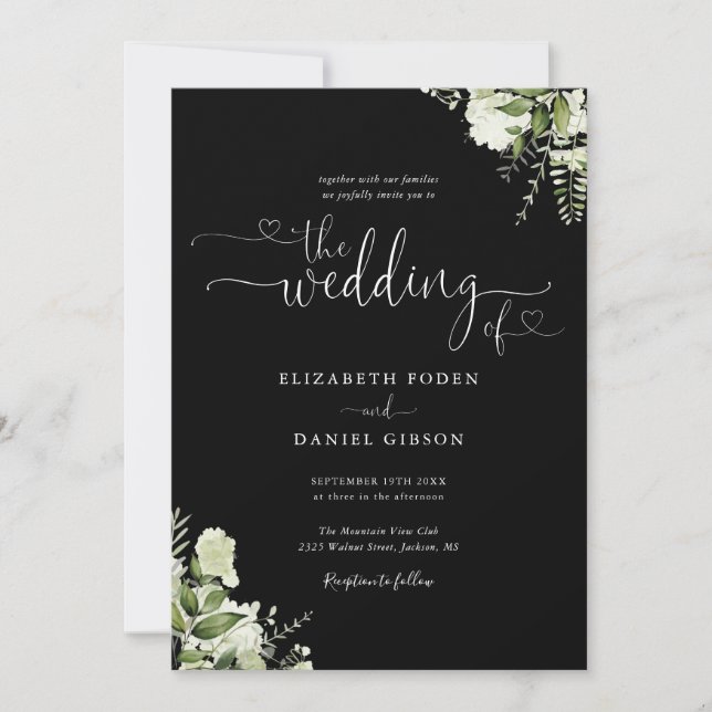 Invitation Coeurs vertes Script Mariage noir et blanc (Devant)