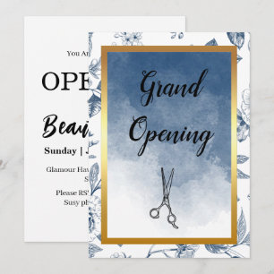 Invitation Coiffeur Vintage Bleu Floral Ouverture du Salon