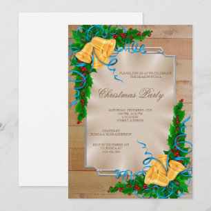 Invitation Coin encadré en bois cloches et ruban Noël