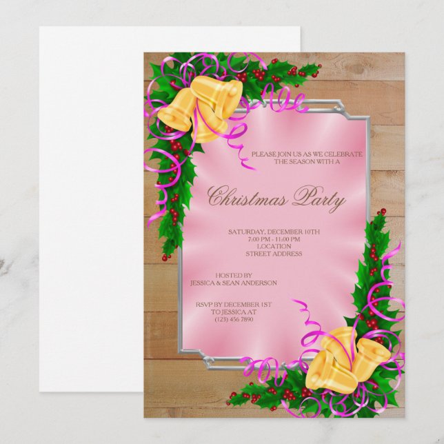 Invitation Coin encadré en bois cloches Noël (Devant / Derrière)