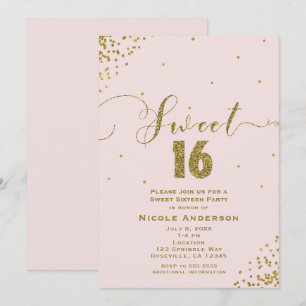 Invitation Coin fete 16 Seize coins rose et or confettis dans