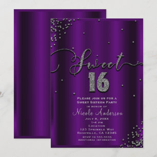 Invitation Coins de confettis violets et argent SWEET 16 Seiz