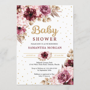 Invitation Coins floraux roses bordeaux or fille baby shower
