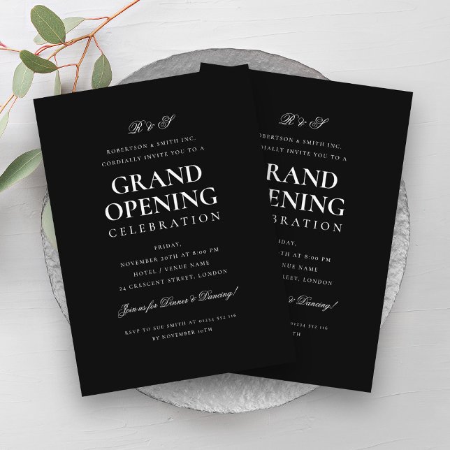 Invitation Colate Grand Opening Monogram Black (Formal Corporate Grand Opening Monogram Black Invitation)