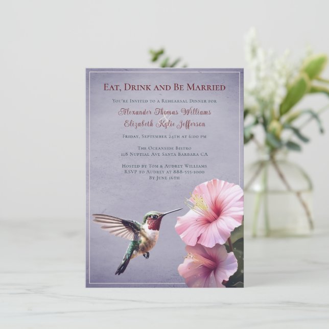 Invitation Colibri et Hibiscus | Dîner de répétition violet (Debout devant)