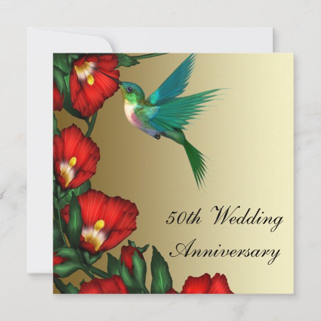Invitation Colibri Hibiscus Or 50e Anniversaire de Mariage (Devant)