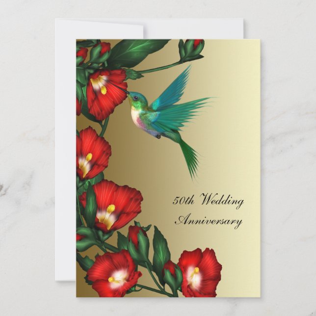 Invitation Colibri Hibiscus Or 50e Anniversaire de Mariage (Devant)