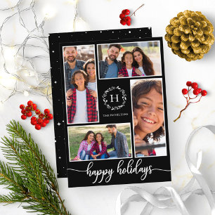 Invitation Collage de 4 photos Monogramme Joyeux Noël Noir