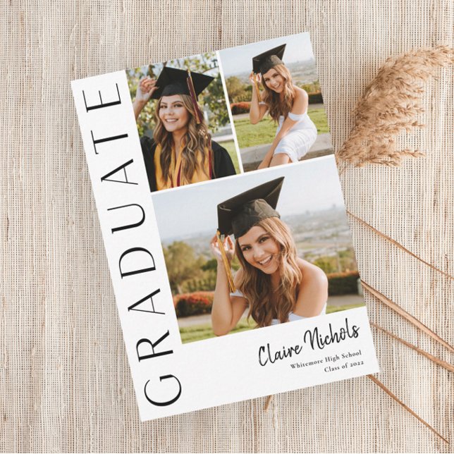 Invitation Collage de graduation verticale moderne à 3 photos (Modern Typography 3 Photo Collage Graduation Party Announcement Invitation.)