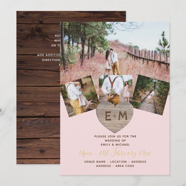 Invitation COLLAGE DE PHOTOGRAPHIE Coeur en bois rustique (Devant / Derrière)