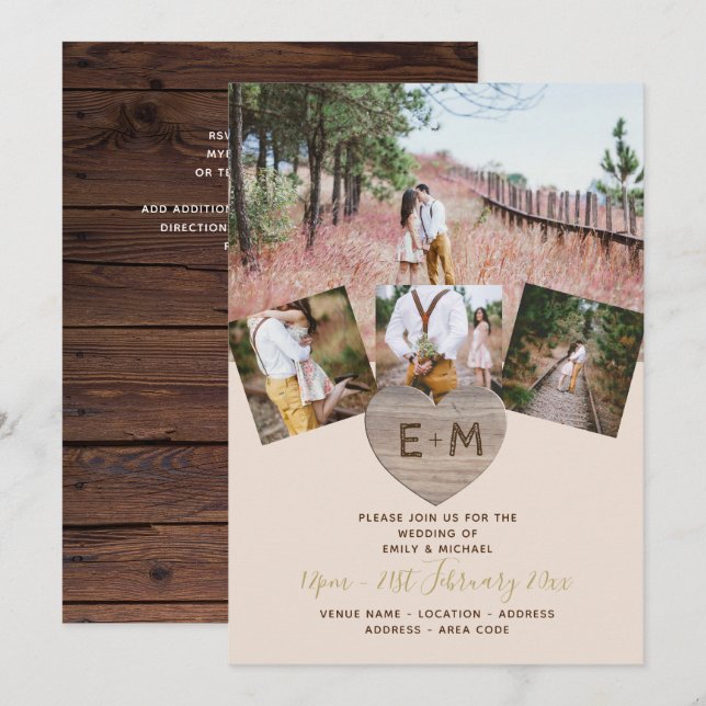 Invitation COLLAGE DE PHOTOGRAPHIE Coeur en bois rustique (Devant / Derrière)