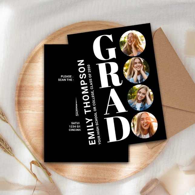 Invitation Collage de photos noir et blanc (Graduate "GRAD" typography photo collage invitation announcement. )