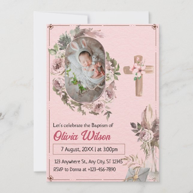 Invitation Collage photo bébé floral rose moderne Baptême  (Devant)