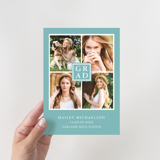 Invitation Collage photo bleu et blanc Aqua Graduation (Créateur téléchargé)