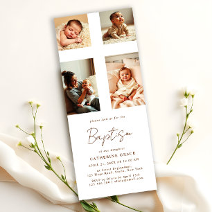 Invitation Collage photo chic Croix Baptême de bébé