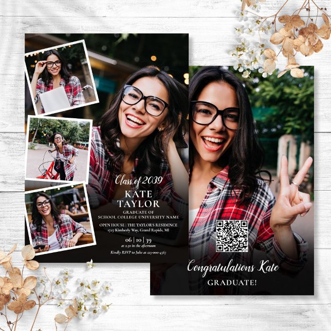 Invitation Collage photo Fête de fin d'études moderne Code QR (Photo Collage Modern Graduation Party QR Code Invitation)