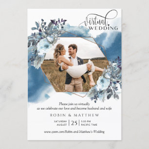 Invitation Collage photo, Mariage virtuel bleu géométrique