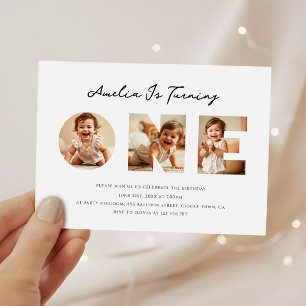 Invitation Collage photo minimaliste de script premier annive