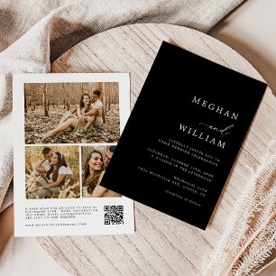 Invitation Collage photo moderne noir et blanc QR Code Mariag