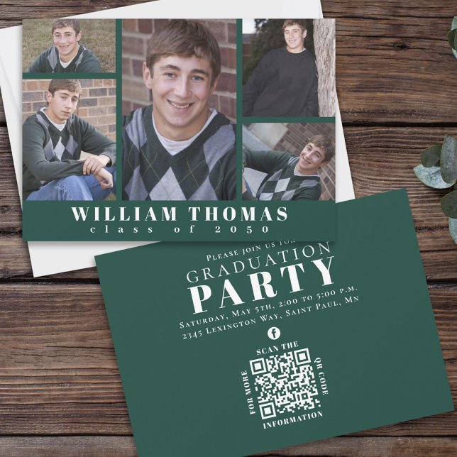 Invitation Collage photo multi-diplôme Dark Green QR Code (Créateur téléchargé)