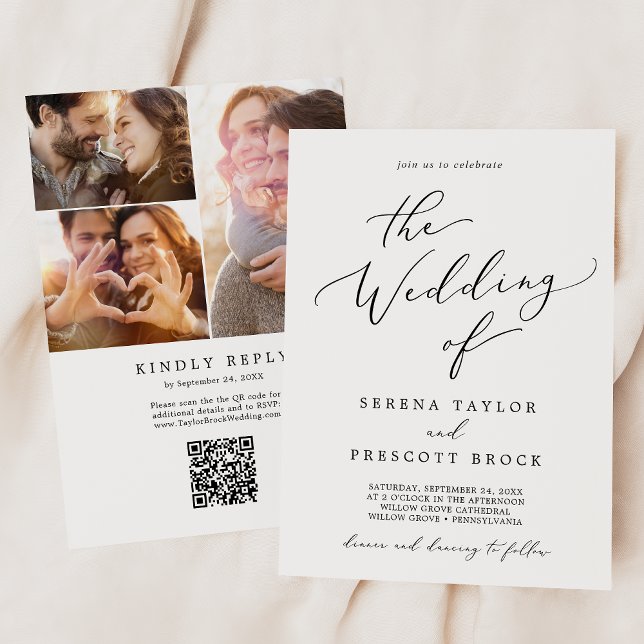Invitation Collage photo noir délicat Mariage de code QR (Créateur téléchargé)