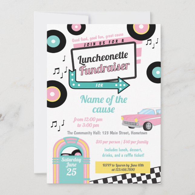 Invitation Collecte de fonds pour luncheonette rétro (Devant)