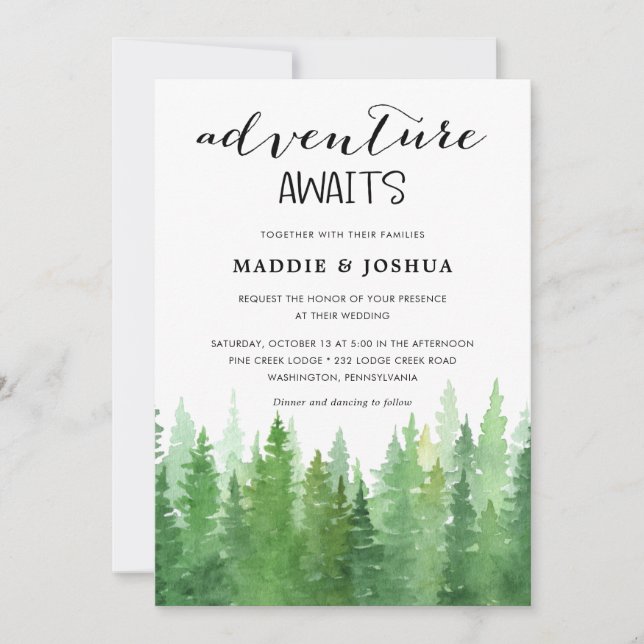 Invitation Collection de Mariages de forêt de pins d'aquarell (Devant)