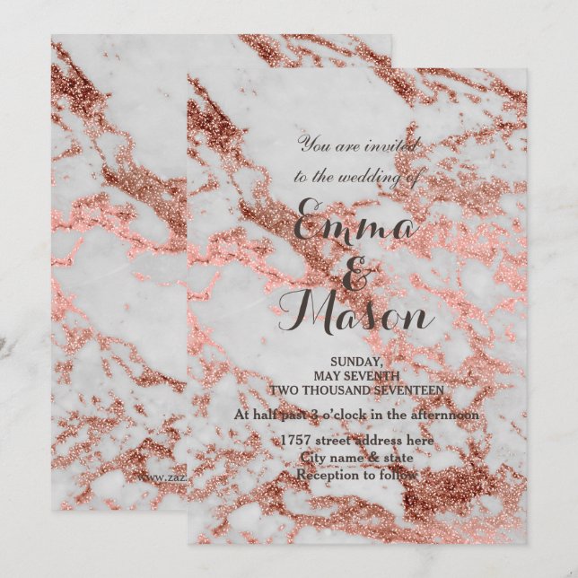 Invitation Collection élégante Rose or Mariage en marbre (Devant / Derrière)