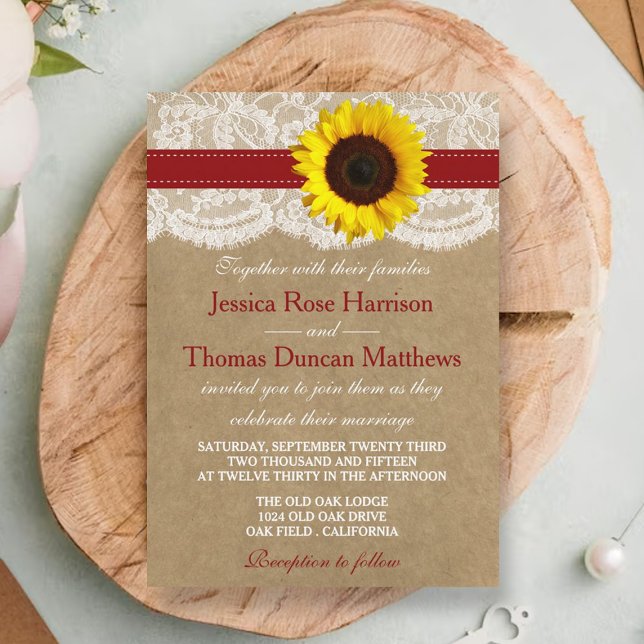 Invitation Collection Kraft, dentelle et tournesol - Rouge (Créateur téléchargé)