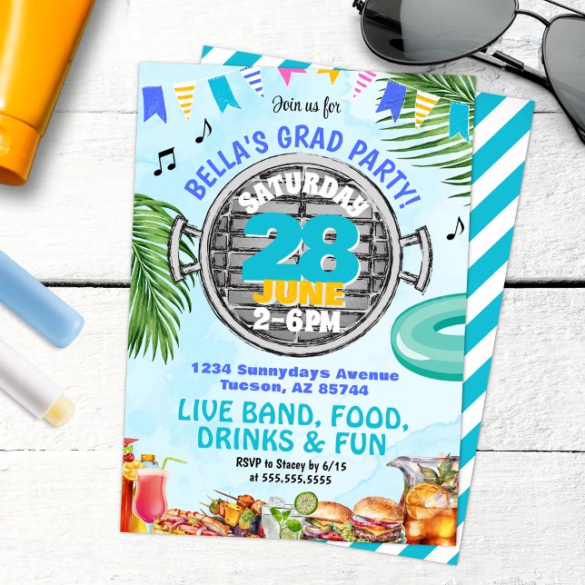 Invitation College Barbeque Graduation Pool Party (College Grad Party with barbeque live music and tropical drinks hawaiian theme)