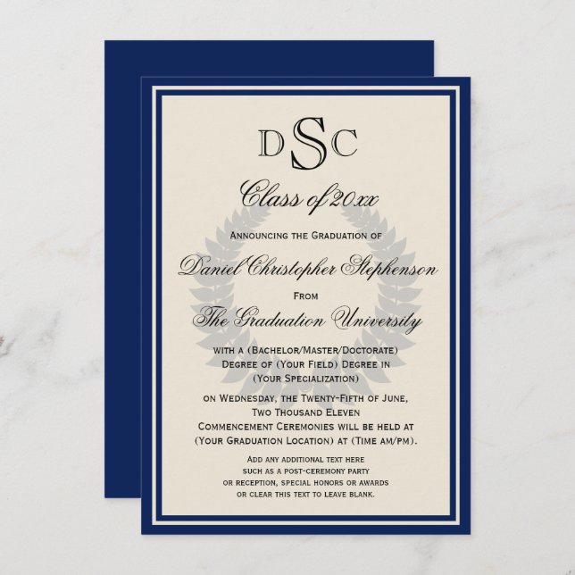 Invitation Collège Classique Monogram Laurel De La Marine (Devant / Derrière)